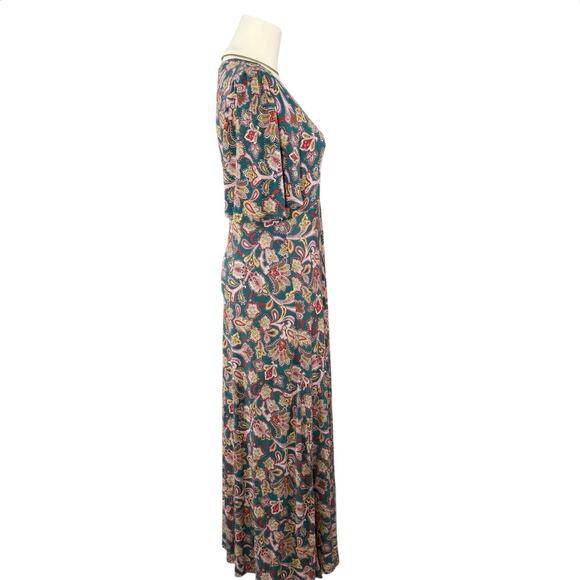 Boden Paisley Midi Dress | Green Pink Boho Print Flowy V-Neck | Boho Size 4R - Picture 5 of 12